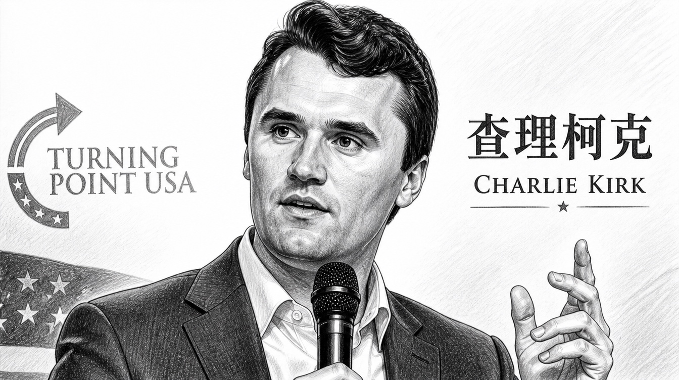 Charlie Kirk speaking with microphone and Turning Point USA backdrop