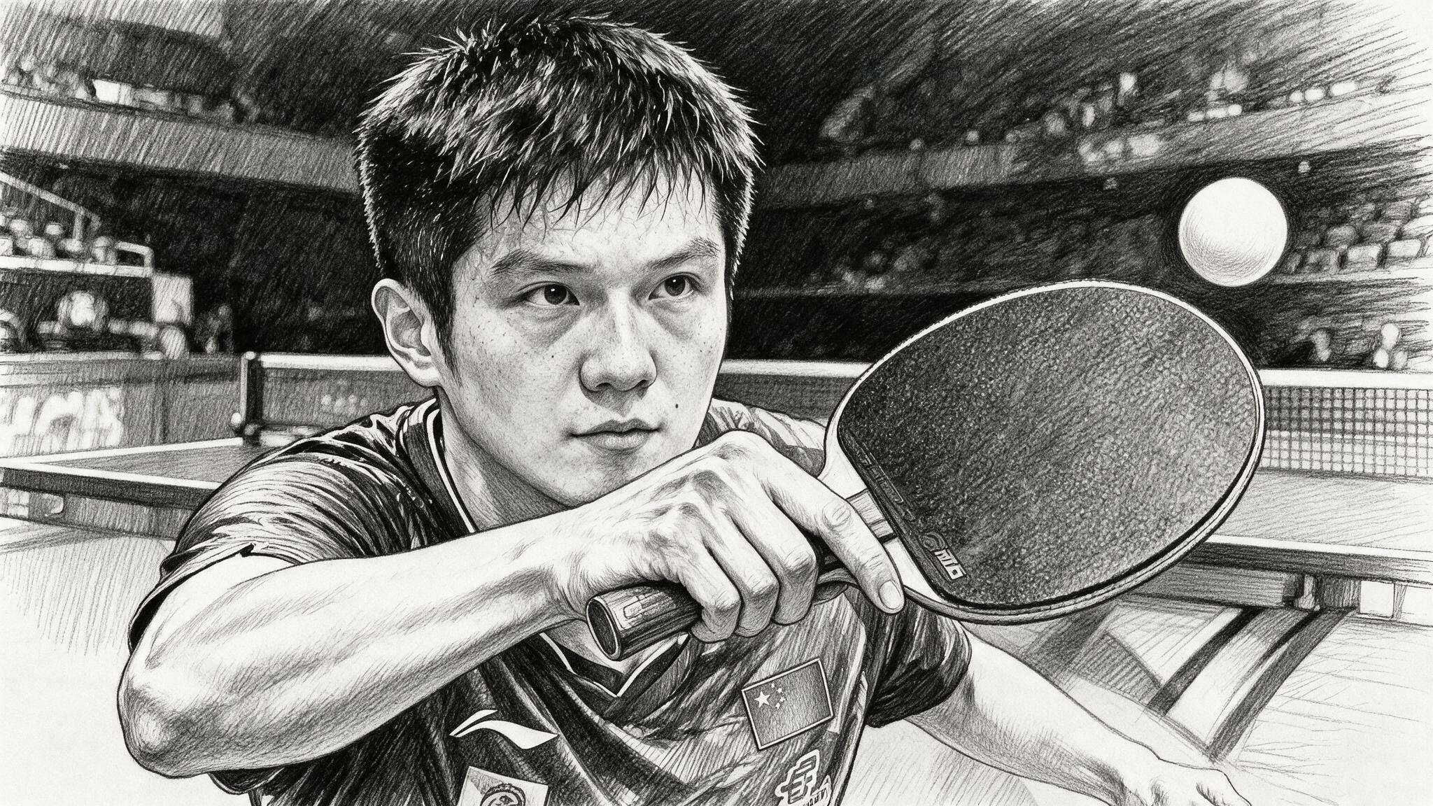 Fan Zhendong close-up resting on his paddle at the table