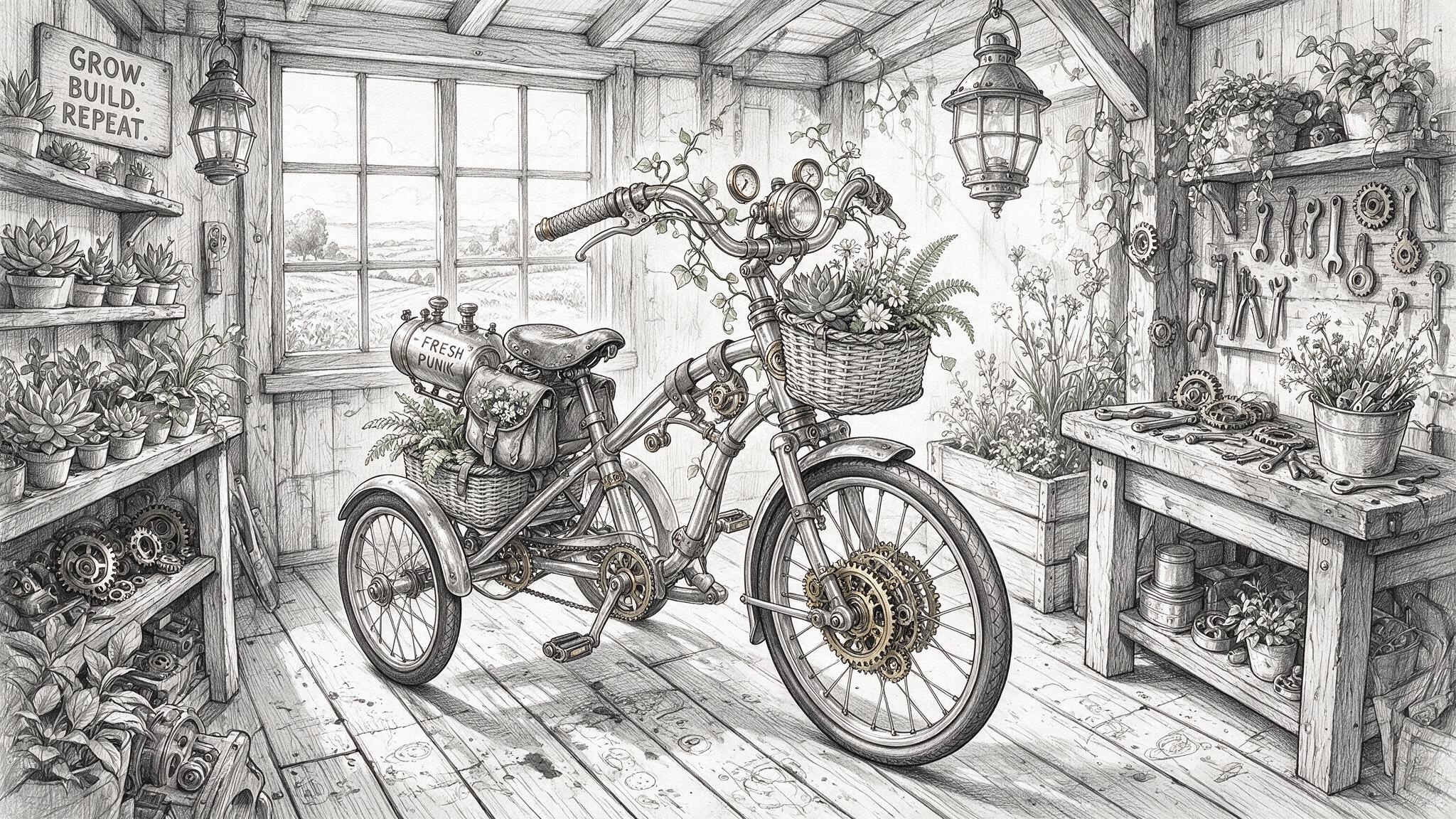 Workshop bicycle and plants