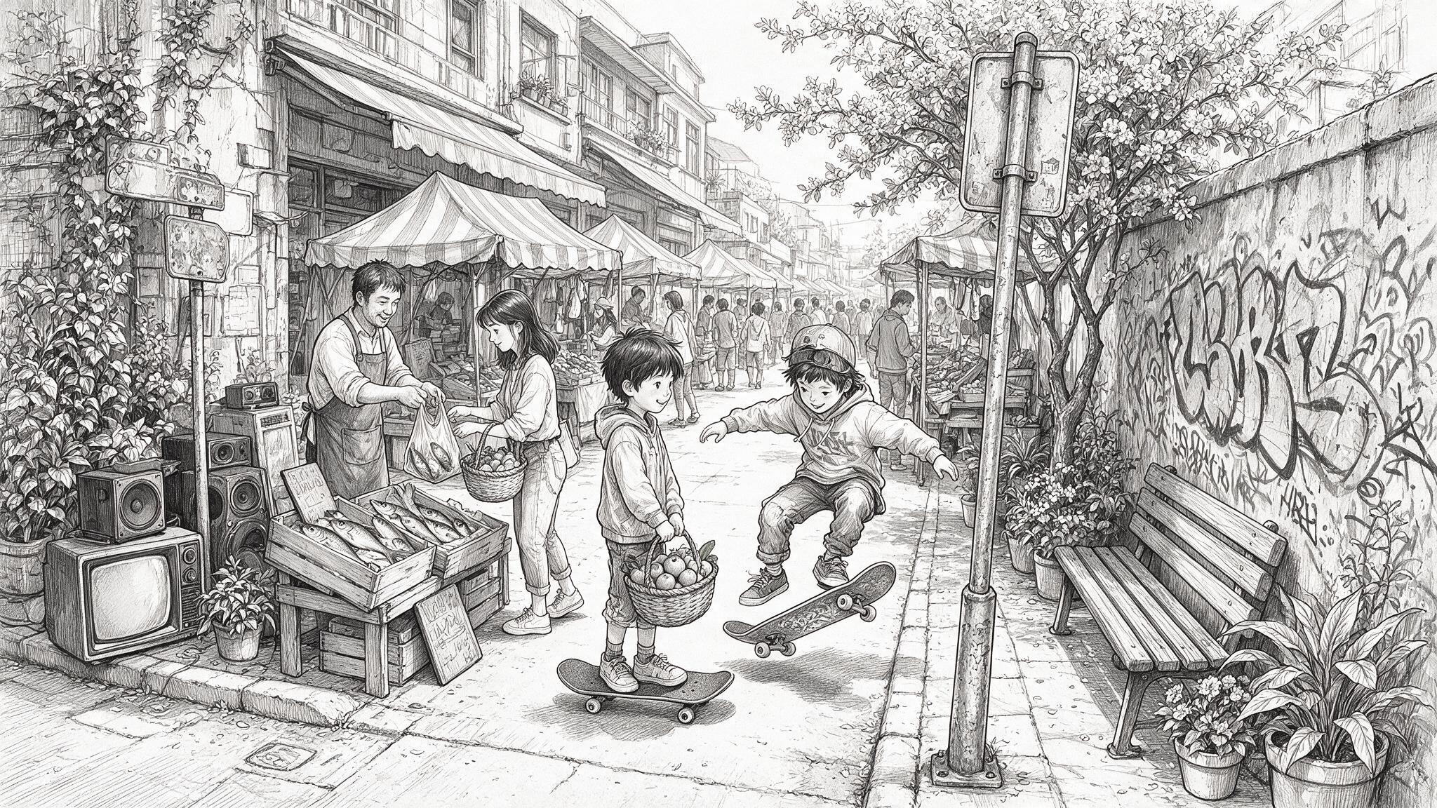 Street market and children with skateboards