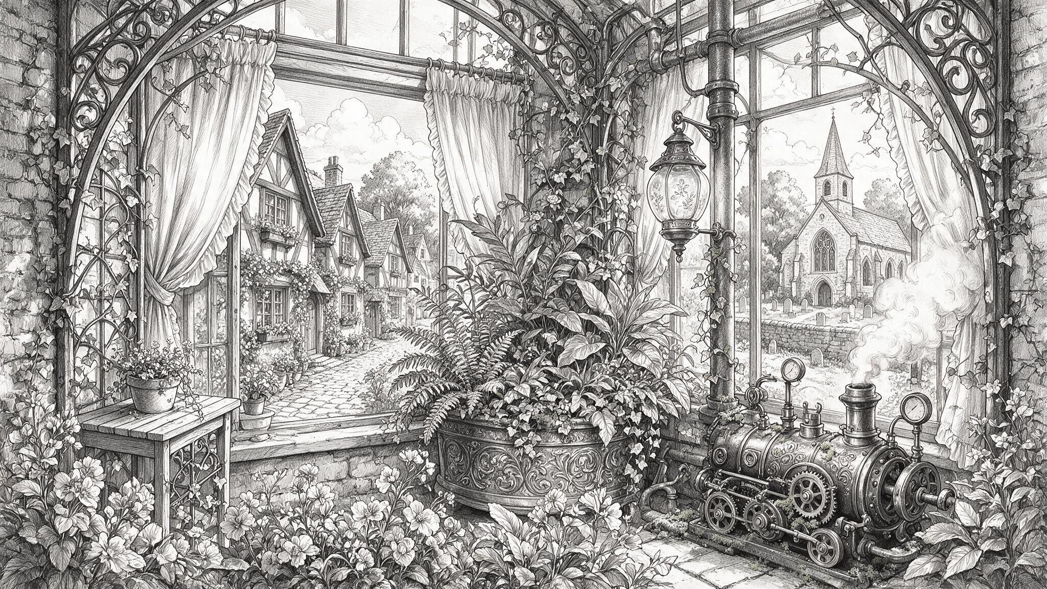 Window room with church and flowers