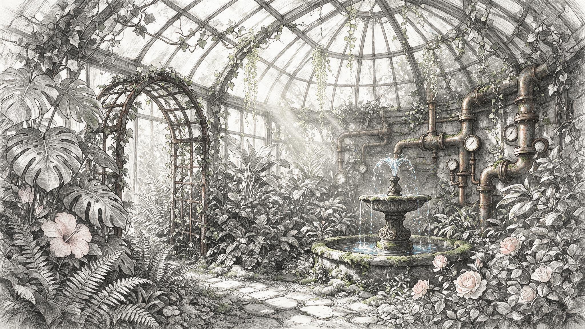 Glasshouse fountain garden