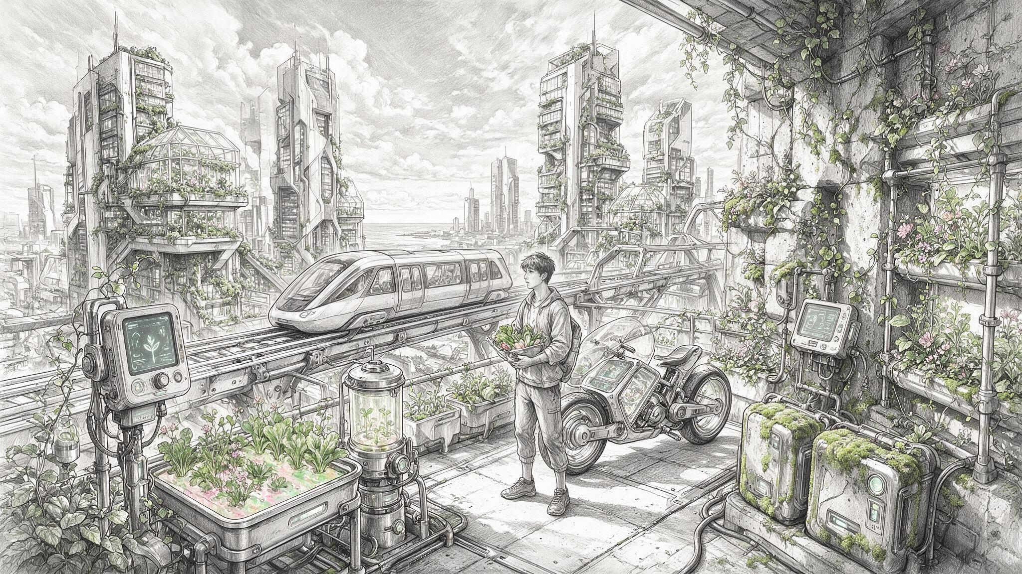 Boy with produce and train in future city