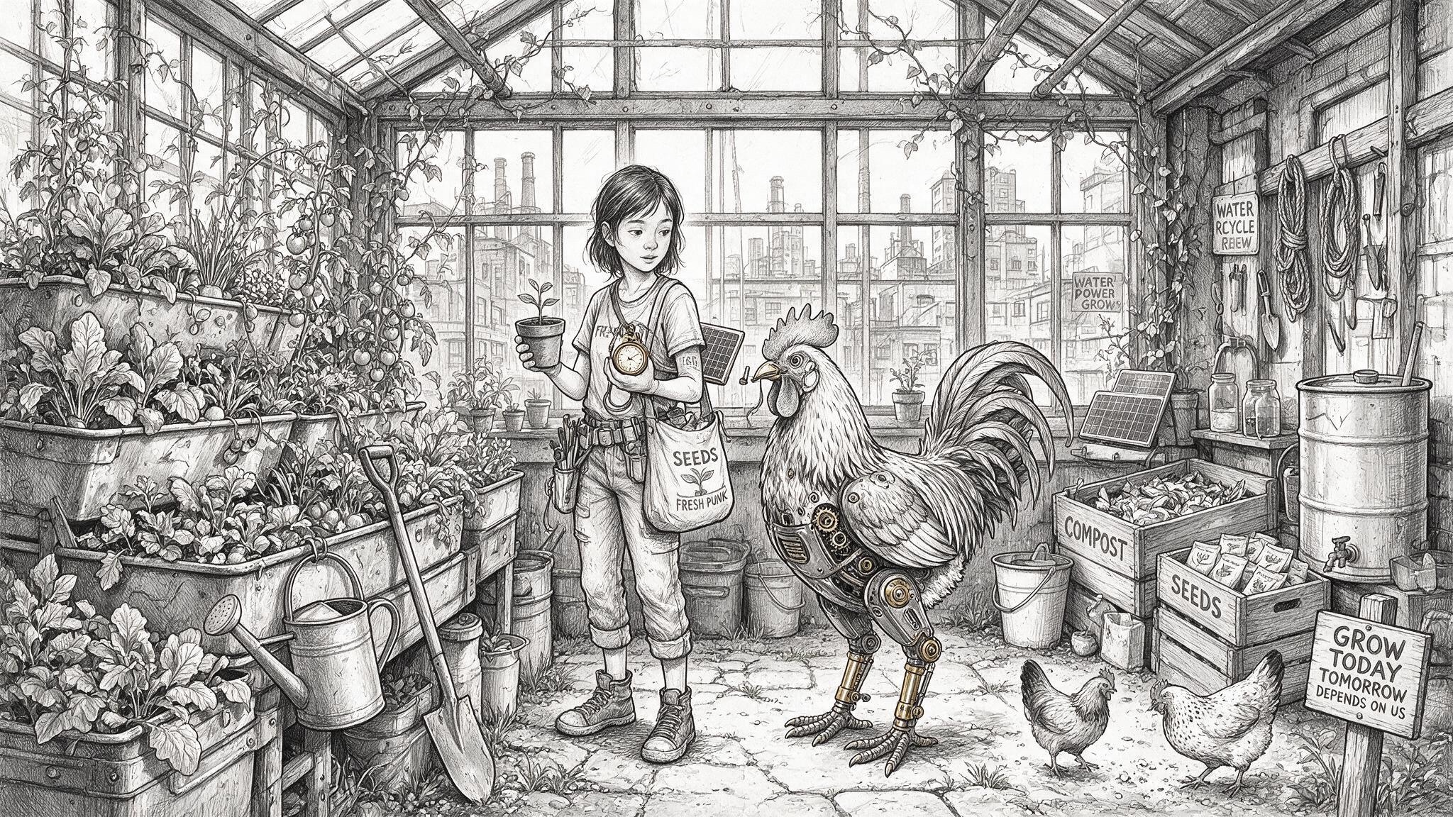 Girl in greenhouse with chicken and seeds
