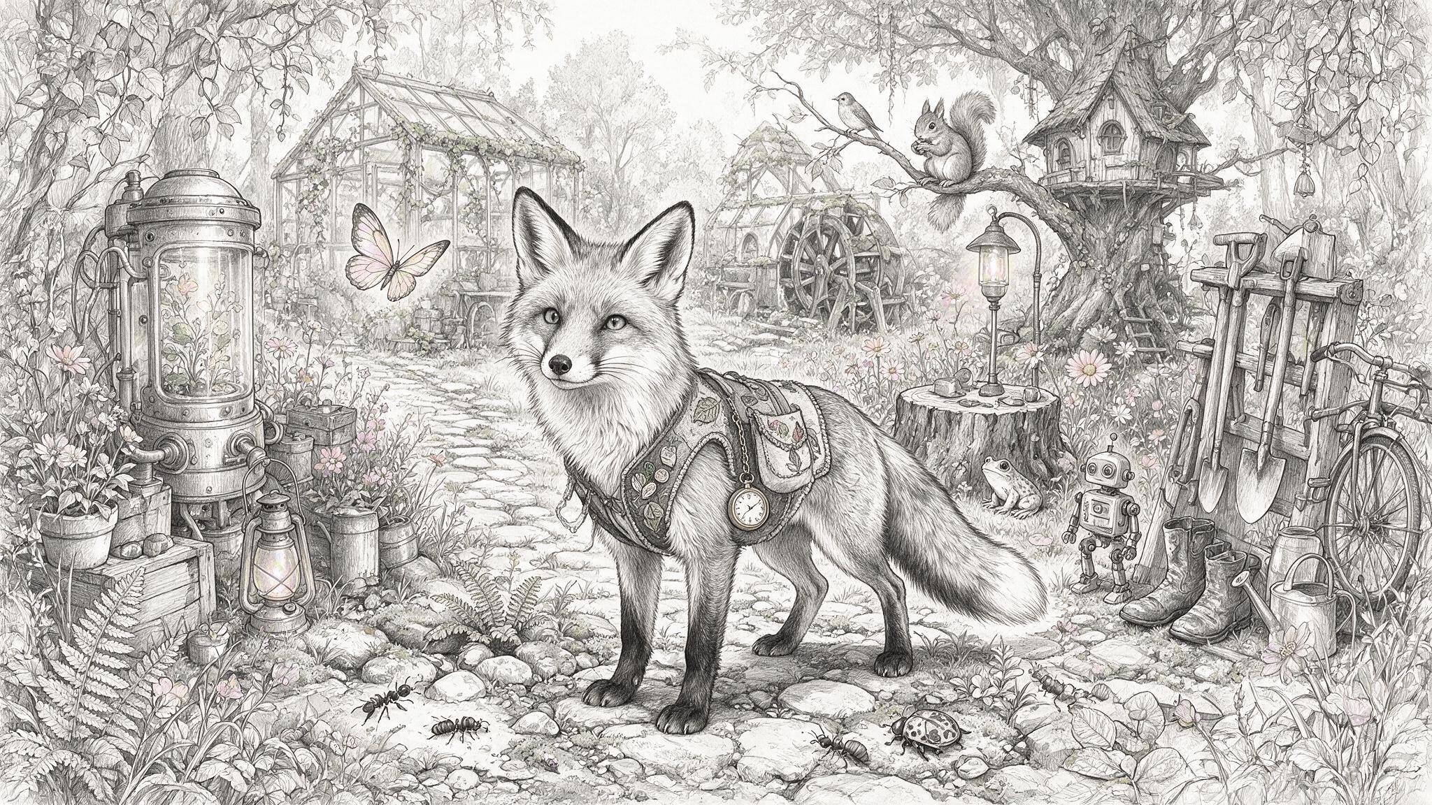 Fox in gentle workshop garden