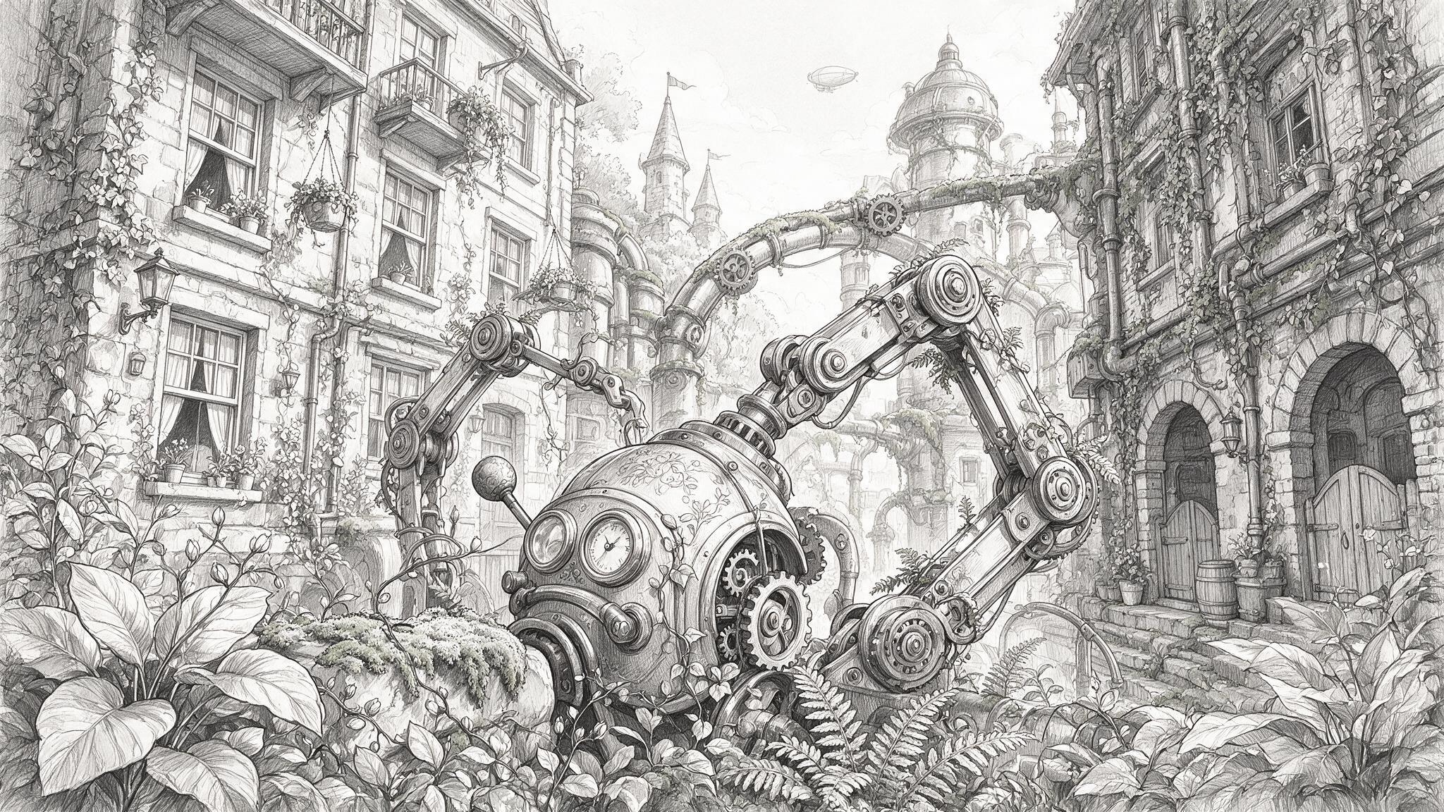Village machinery among vines