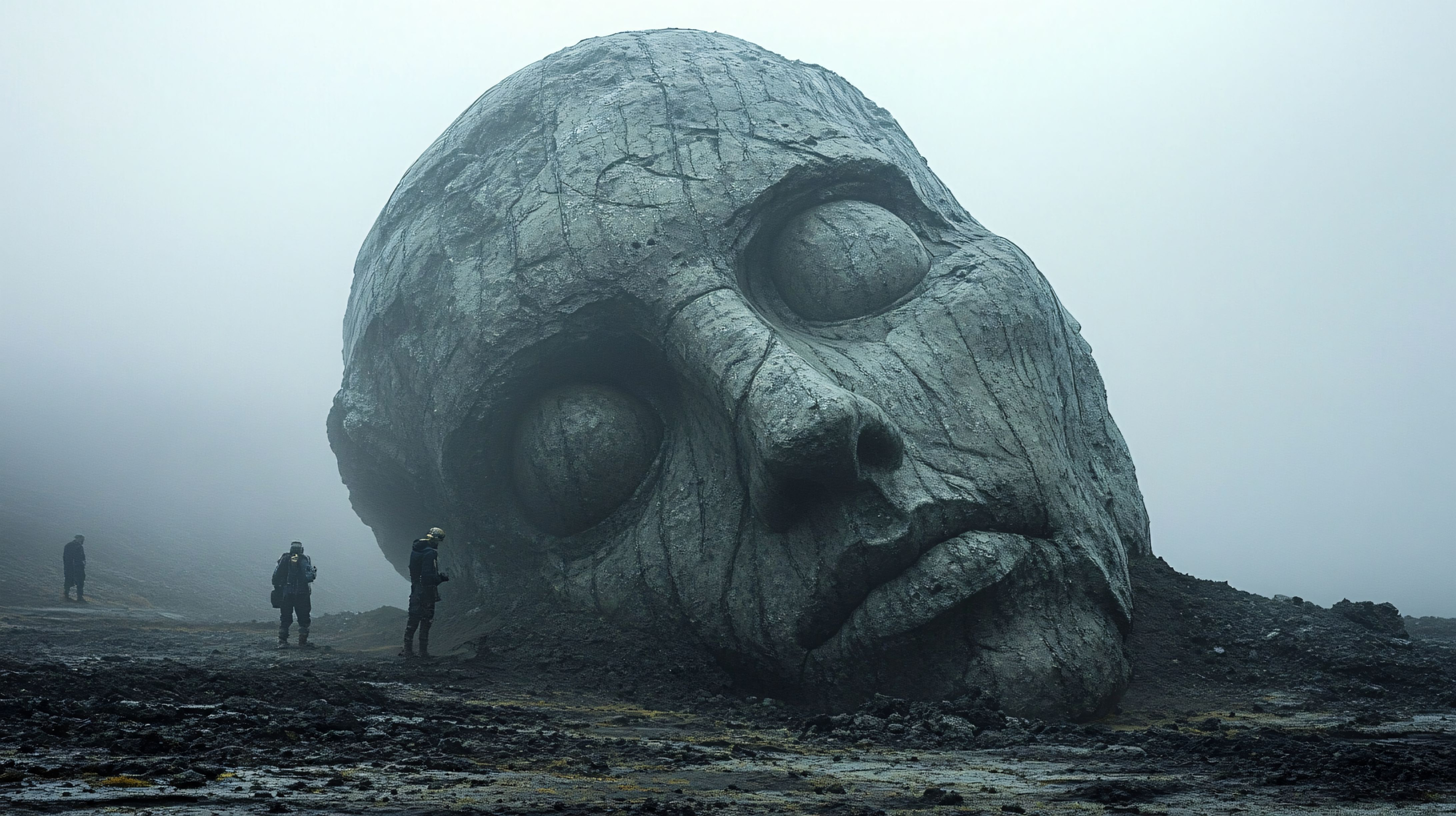 Giant stone face in fog