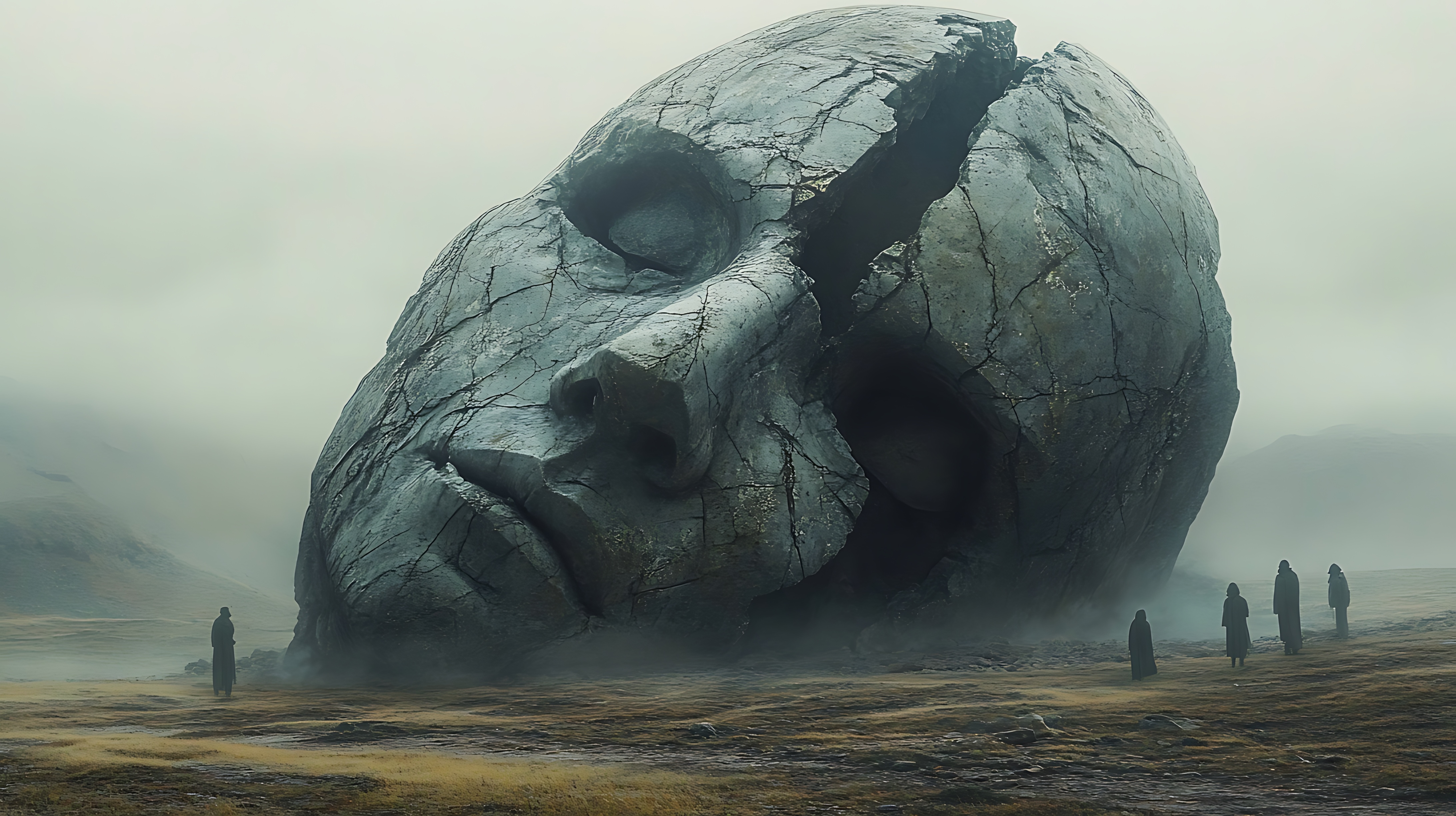 Cracked giant face in barren landscape