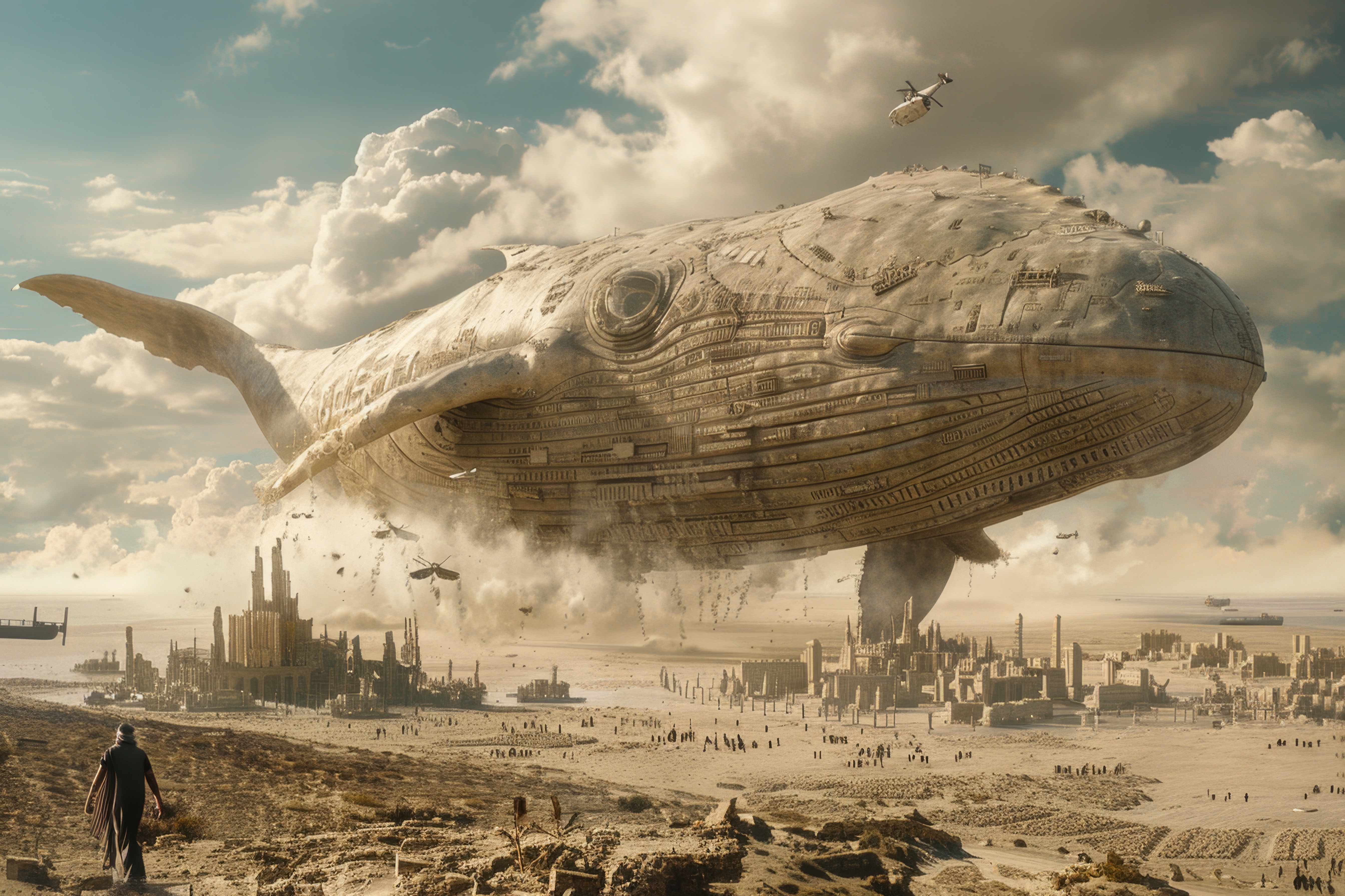 Gigantic mechanical whale above a city
