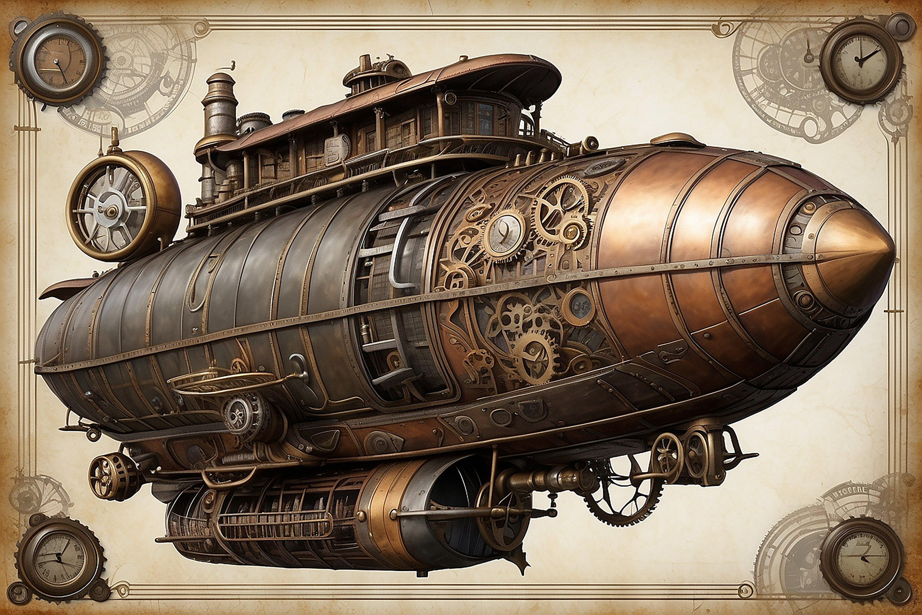 Steampunk airship illustrated as a decorative card