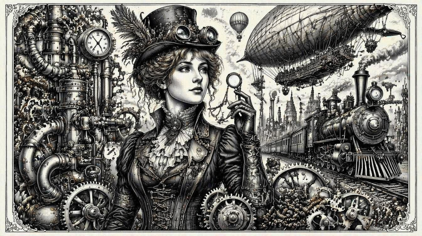 Steampunk art hero banner with retrofuturist machinery and Victorian fantasy mood