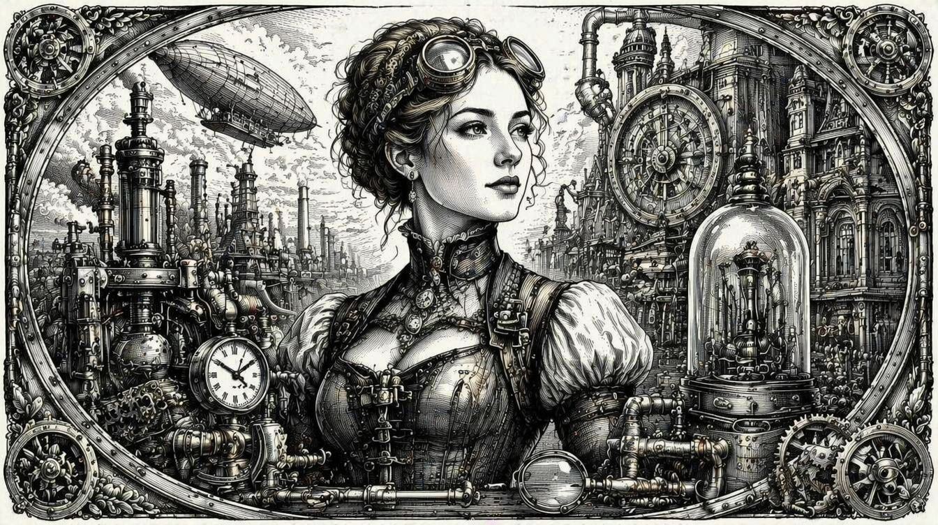 Steampunk heroine framed by clocks, pipes, and city spectacle