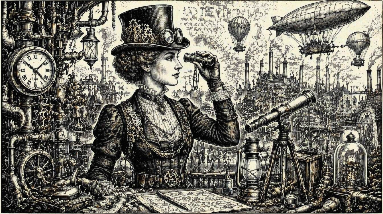 Steampunk explorer with telescope and airship skyline