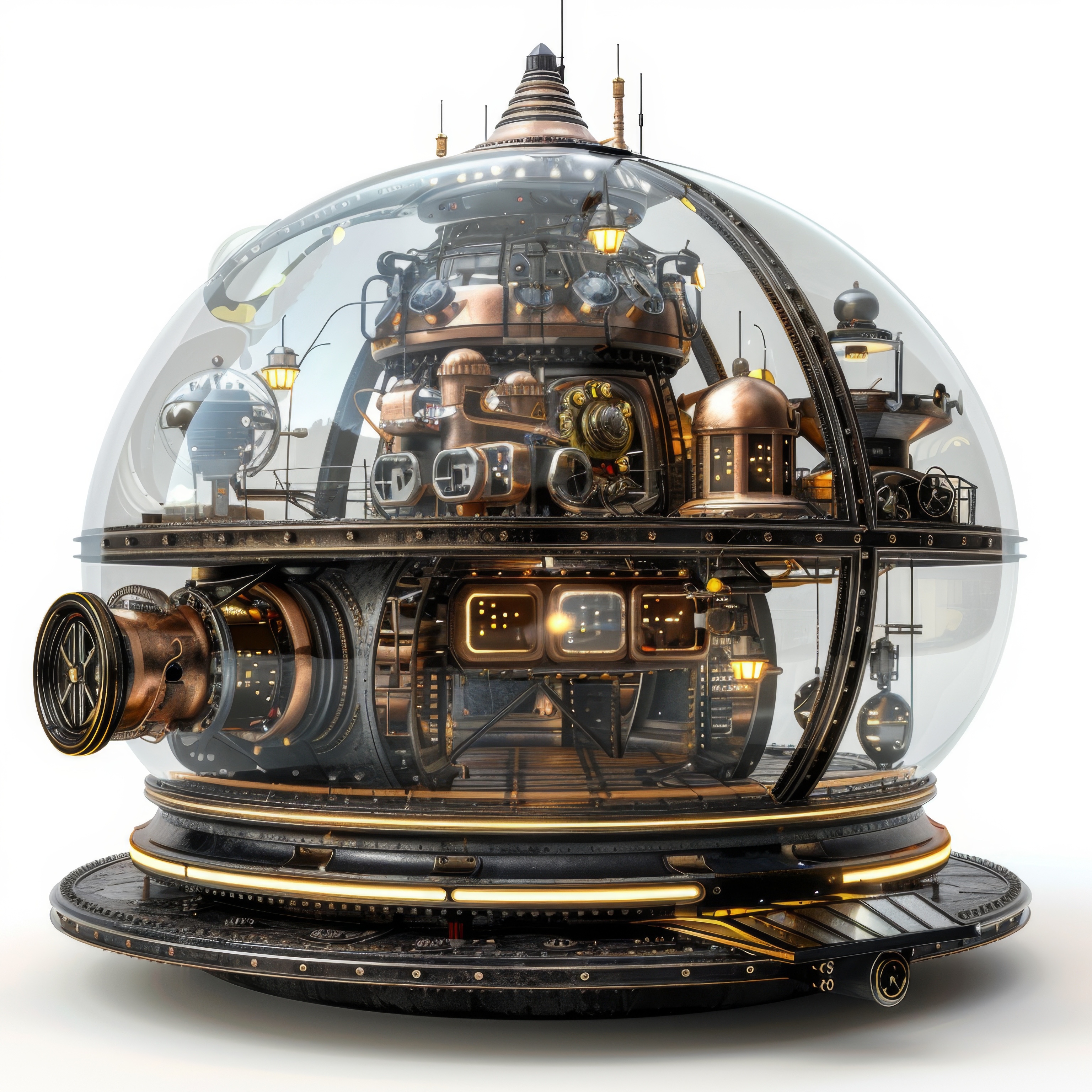 Alternate steampunk time machine with layered machinery