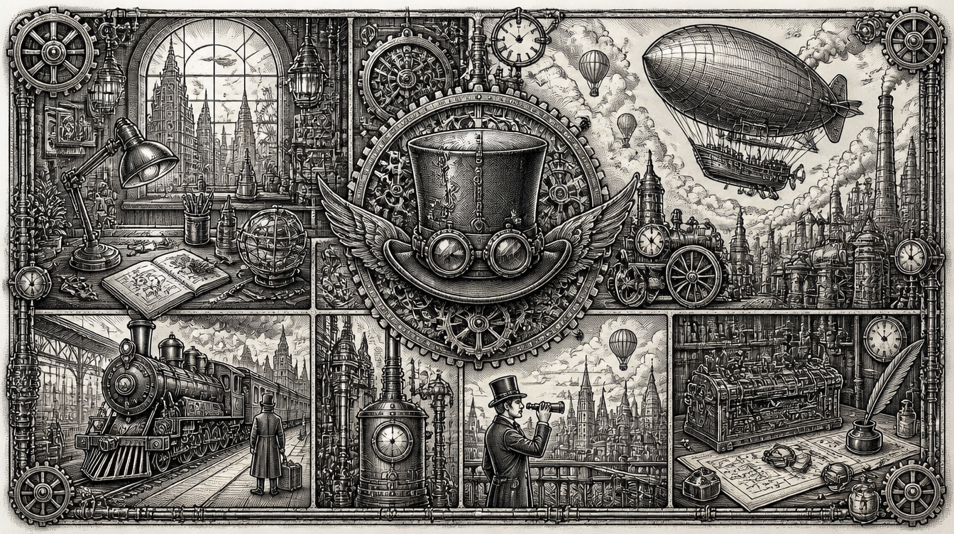 Steampunk panorama with ornate machinery and airship mood