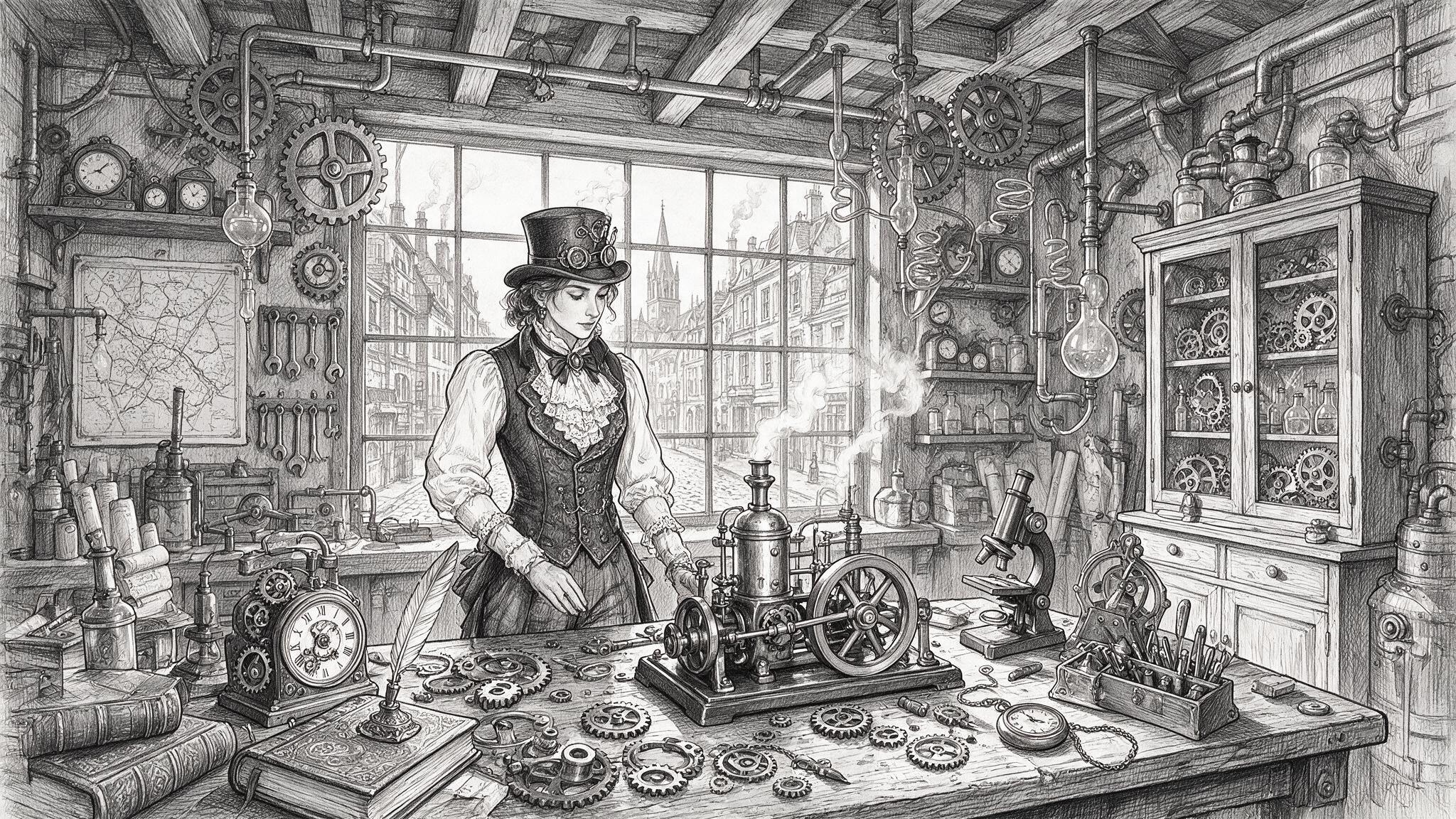 Steampunk workshop interior with maps, pipes, and a clockwork desk