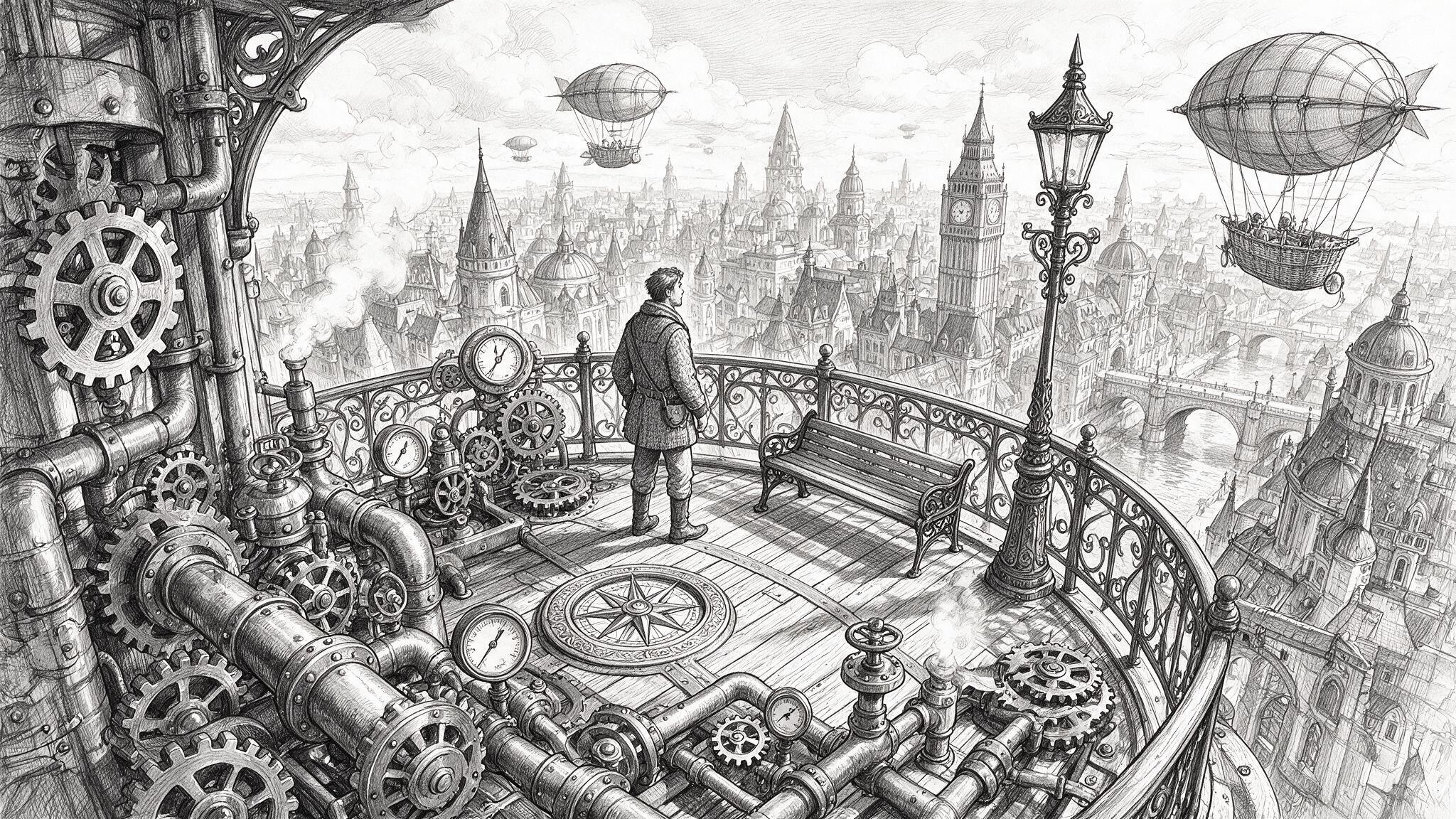 Steampunk balcony overlook above a clockwork city