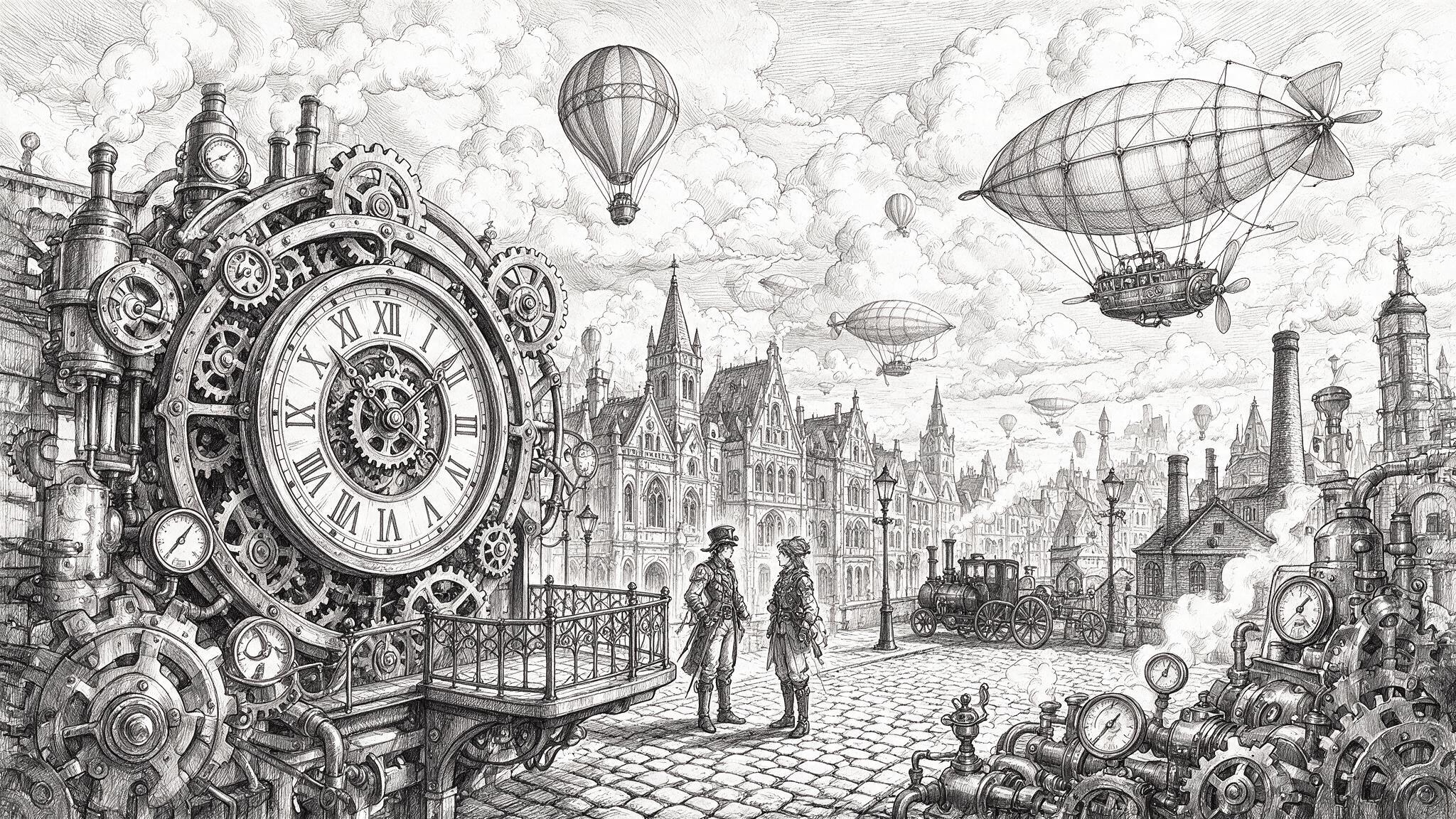 Steampunk clockwork city with giant clock and airship traffic