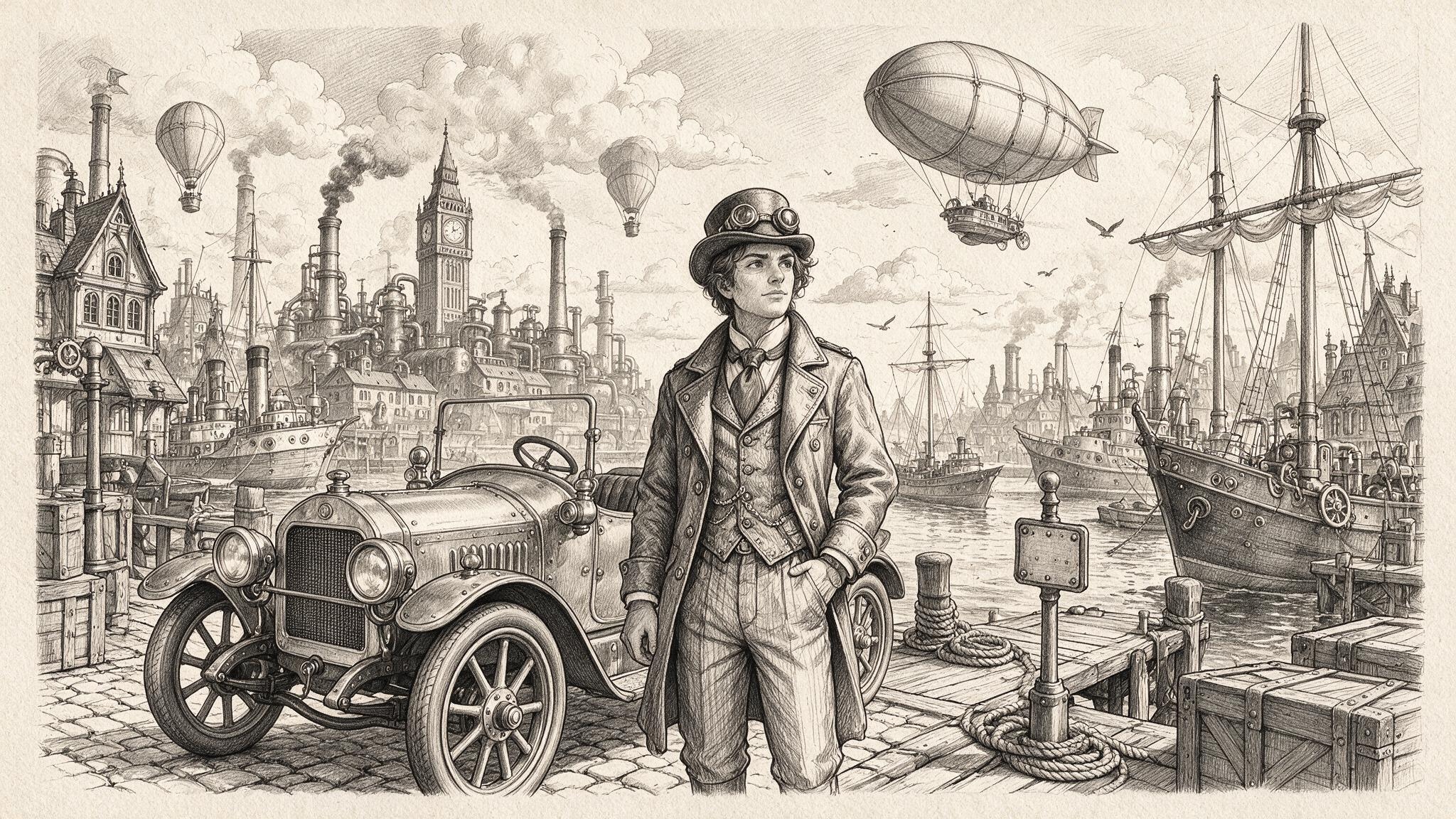Steampunk harbor with vintage car, ships, and airship traffic