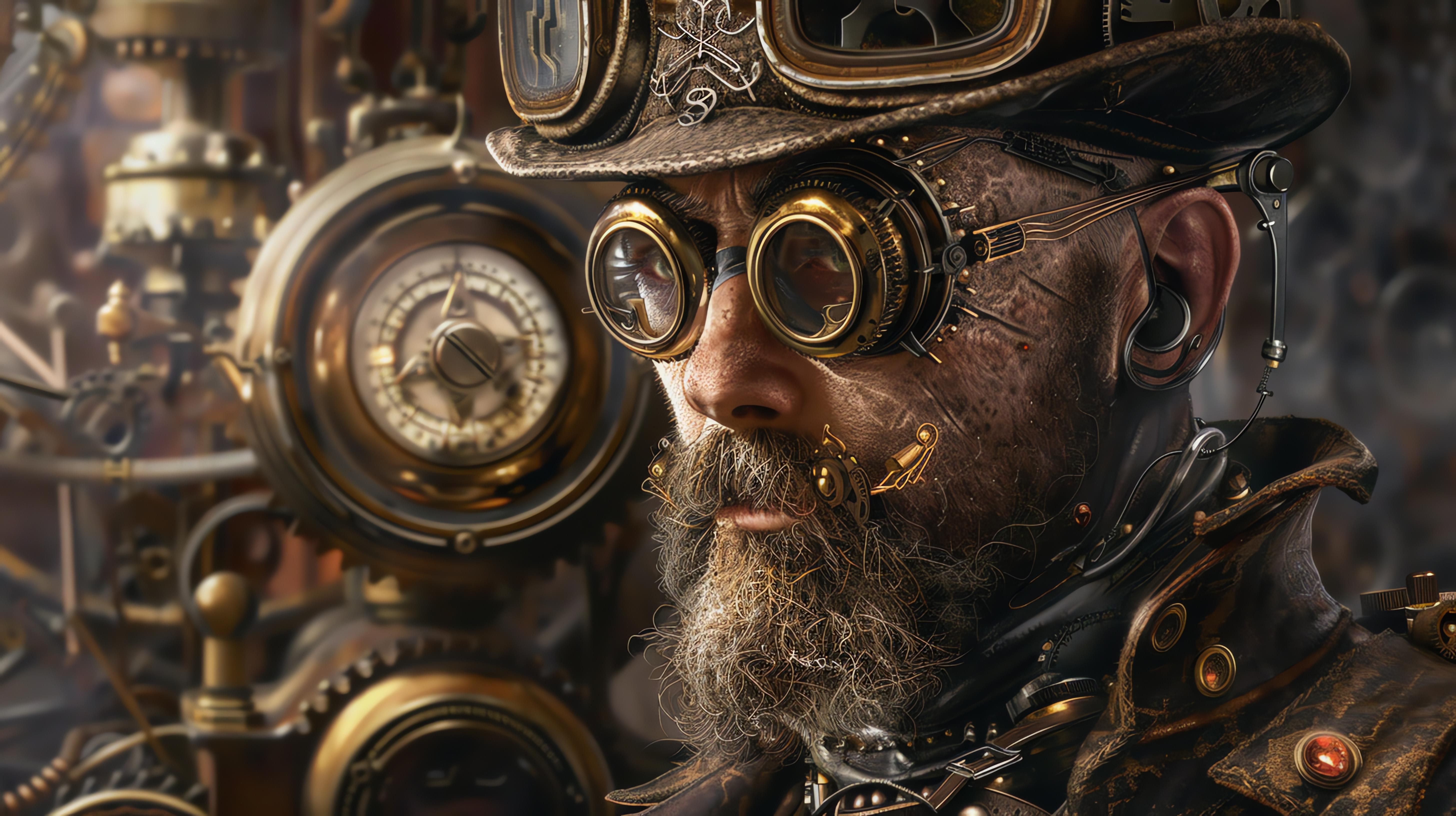 Bearded steampunk character in front of a clockwork machine