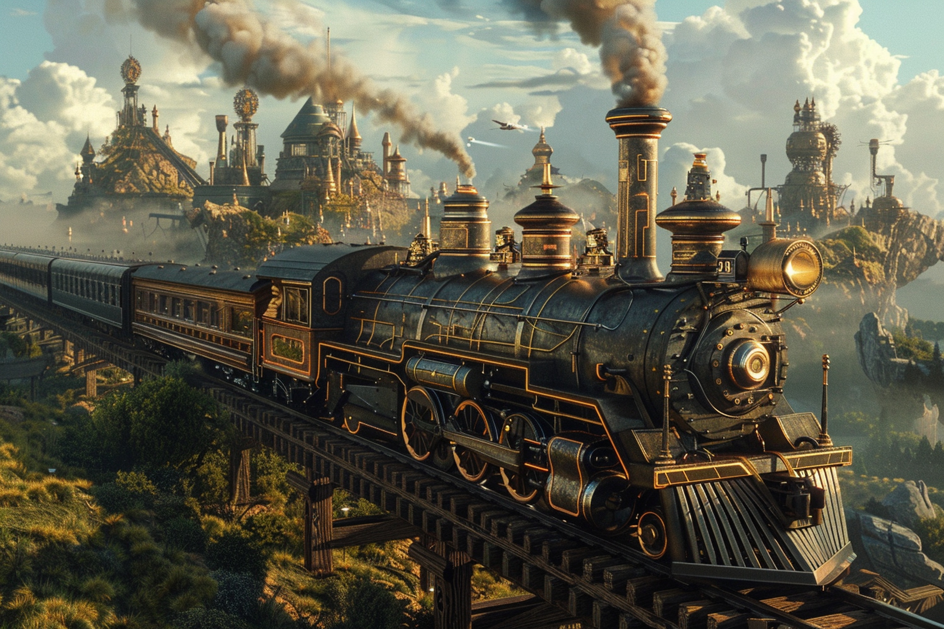 Steampunk train moving through a dramatic landscape